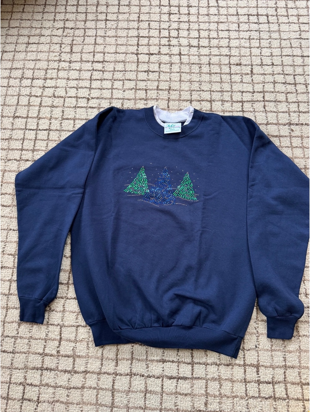 Women's Navy Christmas Tree Holiday Sweatshirt Grandma Granny Cottagecore Med